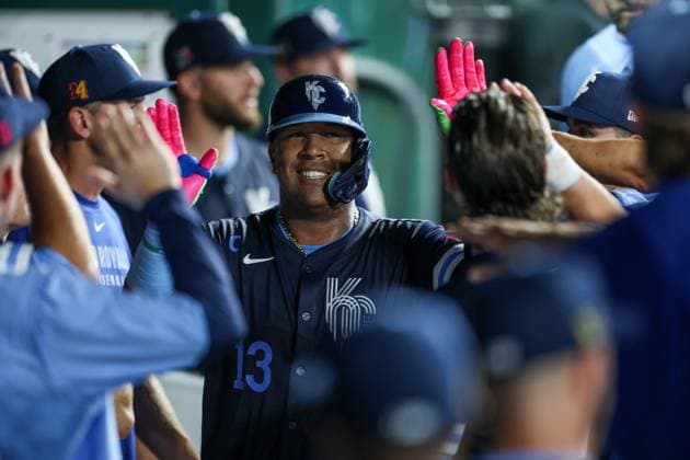 August 15, 2025: Kansas City Royals catcher Salvador Perez (13) celebrates scoring a run with teammates during the sixth inning against the Chicago White Sox at Kauffman Stadium in Kansas City, MO. CSM Kansas City United States of America - ZUMAc04_ 20250815_zma_c04_251 Copyright: xDavidxSmithx