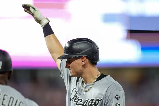August 15, 2025: Chicago White Sox shortstop Colson Montgomery (12) reacts to his sixth inning single against the Kansas City Royals at Kauffman Stadium in Kansas City, MO. CSM Kansas City United States of America - ZUMAc04_ 20250815_zma_c04_252 Copyright: xDavidxSmithx