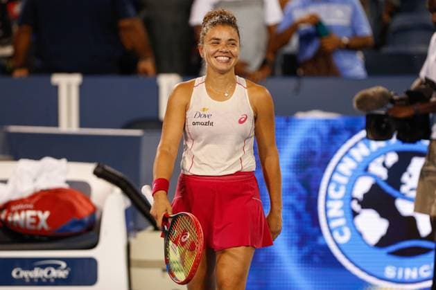 CINCINNATI, OH - AUGUST 15: Jasmine Paolini of Italy reacts after defeating Coco Gauff of the United States. During the quarterfinal round of the Cincinnati Open at the Lindner Family Tennis Center on August 15, 2025 in Mason, OH. (Photo by Ian Johnson Icon Sportswire) TENNIS: AUG 15 Cincinnati Open EDITORIAL USE ONLY Icon250815023