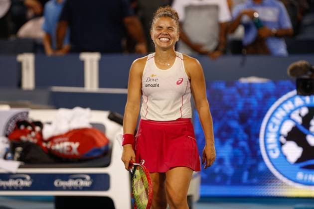 CINCINNATI, OH - AUGUST 15: Jasmine Paolini of Italy reacts after defeating Coco Gauff of the United States. During the quarterfinal round of the Cincinnati Open at the Lindner Family Tennis Center on August 15, 2025 in Mason, OH. (Photo by Ian Johnson Icon Sportswire) TENNIS: AUG 15 Cincinnati Open EDITORIAL USE ONLY Icon250815024