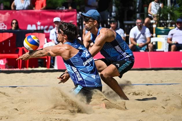 MONTREAL, QC - AUGUST 15: Tomas Capogrosso (ARG) bumps the ball during a first round match at Beach Pro Tour Montreal Elite 16 on August 15, 2025 at Parc Jean-Drapeau in Montreal, QC (Photo by David Kirouac Icon Sportswire) VOLLEYBALL: AUG 15 Beach Pro Tour Montreal Elite 16 EDITORIAL USE ONLY Icon250815051