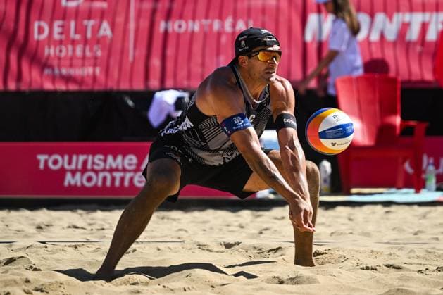MONTREAL, QC - AUGUST 15: Esteban Grimalt (CHI) bumps the ball during a first round match at Beach Pro Tour Montreal Elite 16 on August 15, 2025 at Parc Jean-Drapeau in Montreal, QC (Photo by David Kirouac Icon Sportswire) VOLLEYBALL: AUG 15 Beach Pro Tour Montreal Elite 16 EDITORIAL USE ONLY Icon250815035