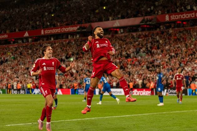 Liverpool v Bournemouth - Premier League Mohamed Salah celebrates after scoring during the Premier League match between Liverpool and Bournemouth at Anfield in Liverpool, England, on August 15, 2025. Liverpool Merseyside United Kingdom  Copyright: xMIxNewsx originalFilename:fletcher-liverpoo250815_np6vG.jpg