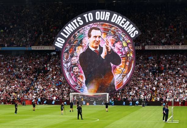 A Aston Villa Manager Unai Emery themed tifo seen in the stands. Aston Villa v Newcastle United, Premier League, Football, Villa Park, Birmingham, UK - 16 Aug 2025Birmingham Villa Park United Kingdom EDITORIAL USE ONLY No use with unauthorised audio, video, data, fixture lists, club league logos or live services. Online in-match use limited to 120 images, no video emulation. No use in betting, games or single club league player publications.  Copyright: xJamesxMarsh Shutterstockx 15439535az