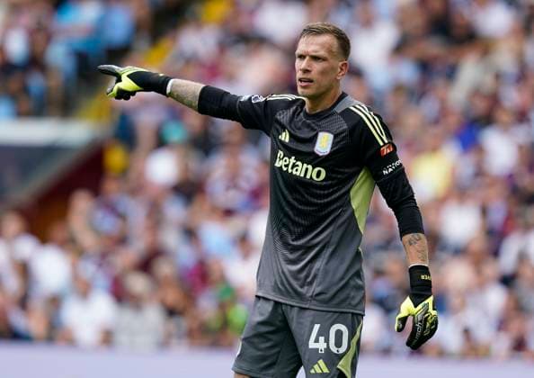 Birmingham, England, 16th August 2025. Marco Bizot of Aston Villa during the Aston Villa vs Newcastle United Premier League match at Villa Park, Birmingham. Picture credit should read: Andrew Yates Sportimage EDITORIAL USE ONLY. No use with unauthorised audio, video, data, fixture lists, club league logos or live services. Online in-match use limited to 120 images, no video emulation. No use in betting, games or single club league player publications. SPI_032_AY_VILLA_NEWC SPI-4068-0032