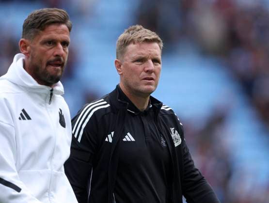 Aston Villa v Newcastle United - Premier League Jason Tindall, Assistant manager of Newcastle United and Eddie Howe, Manager of Newcastle United leave the field after the Premier League match between Aston Villa and Newcastle United at Villa Park on August 16, 2025 in Birmingham, England. Birmingham Villa Park England United Kingdom Copyright: xNealxSimpson Sportsphoto APLx 14132862