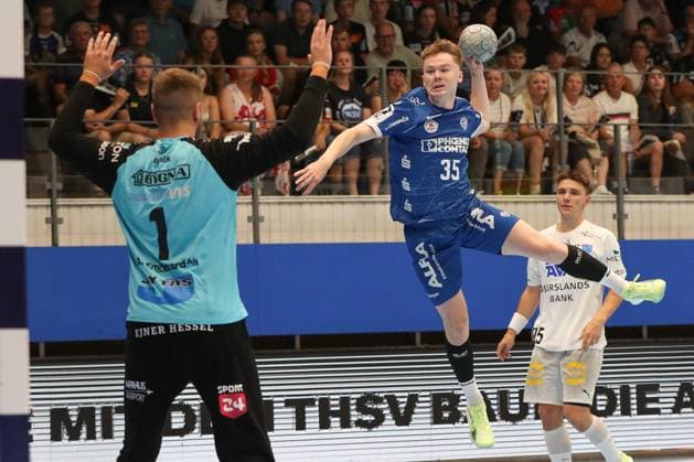 16.08.2025, xgox,Handball - Wartburg Cup Skanderborg Handbold - TBV Lemgo-Lippe emspor, v.l. Jarnes Faust (Lemgo, 35) wirft Tor, Torschuetze, erzielt Tor, Treffer, scores the goal Eisenach