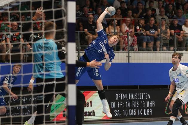 16.08.2025, xgox,Handball - Wartburg Cup Skanderborg Handbold - TBV Lemgo-Lippe emspor, v.l. Lukas Hutecek (Lemgo, 2) wirft Tor, Torschuetze, erzielt Tor, Treffer, scores the goal Eisenach