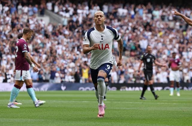 London, England, 16th August 2025. Richarlison of Tottenham Hotspur celebrates after scoring the opening goal during the Tottenham Hotspur vs Burnley Premier League match at the Tottenham Hotspur Stadium, London. Picture credit should read: Paul Terry Sportimage EDITORIAL USE ONLY. No use with unauthorised audio, video, data, fixture lists, club league logos or live services. Online in-match use limited to 120 images, no video emulation. No use in betting, games or single club league player publications. SPI_015_PT_Tottenham_Burnley SPI-4069-0015