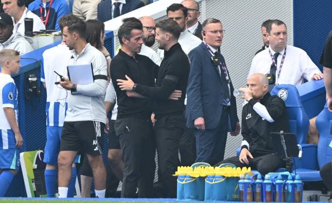 Fulham manager Marco Silva and Brighton head coach Fabian Hurzeler before kick off of the Premier League match between Brighton and Hove Albion and Fulham at the American Express Stadium, Brighton UK - 16th August 2025 Brighton v Fulham Premier League Football, Amex Stadium, Sussex, United Kingdom - 16 Aug 2025Brighton Amex Stadium Sussex United Kingdom Editorial use only. No merchandising. For Football images FA and Premier League restrictions apply inc. no internet mobile usage without FAPL license - for details contact Football Dataco  Copyright: xLizxFinlayson Shutterstockx 15443909u