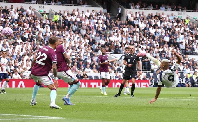 Richarlison (TH) scores the second Spurs goal (2-0) at the Tottenham Hotspur v Burnley EPL match, at the Tottenham Hotspur Stadium, London, UK on 16th August, 2025. 