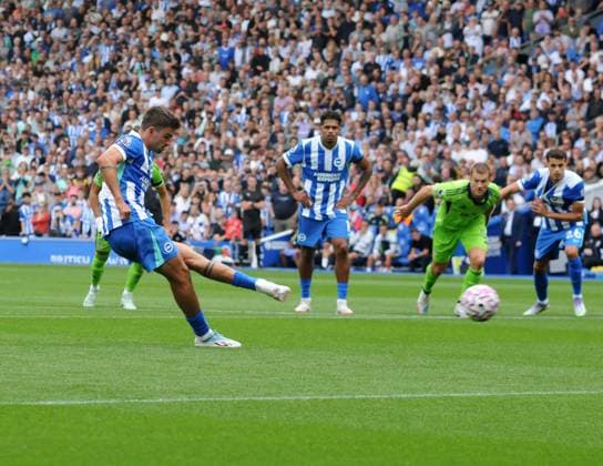 Football - 2025 2026 Premier League - Brighton & Hove Albion vs Fulham - Amex Stadium - Saturday 6th August 2025 Matt O™Riley of Brighton scores from the penalty spot 