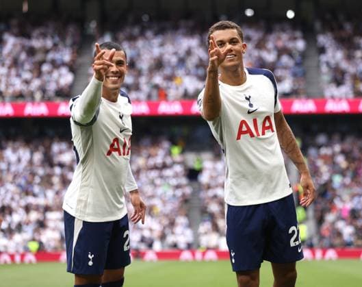 Brennan Johnson (TH) celebrates scoring the third Spurs goal (3-0) at the Tottenham Hotspur v Burnley EPL match, at the Tottenham Hotspur Stadium, London, UK on 16th August, 2025. 
