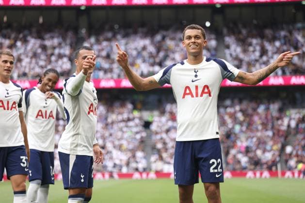 Brennan Johnson (TH) celebrates scoring the third Spurs goal (3-0) at the Tottenham Hotspur v Burnley EPL match, at the Tottenham Hotspur Stadium, London, UK on 16th August, 2025. 