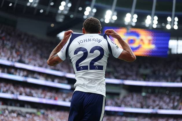 16th August 2025; Tottenham Hotspur Stadium, London, England; Premier League Football, Tottenham Hotspur versus Burnley; Brennan Johnson of Tottenham Hotspur celebrates after scoring his sides 3rd goal in the 66th minute to make it 3-0  JohnxPatrickxFletcher