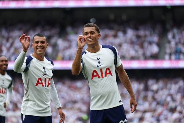 16th August 2025; Tottenham Hotspur Stadium, London, England; Premier League Football, Tottenham Hotspur versus Burnley; Brennan Johnson of Tottenham Hotspur celebrates throwing a dart with Pedro Porro of Tottenham Hotspur in tribute to James Maddison of Tottenham Hotspur after scoring his sides 3rd goal in the 66th minute to make it 3-0  JohnxPatrickxFletcher