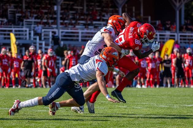 Emanuel Bakare (Potsdam Royals, 88 WR) is tackled by Niklas Herrmann (ifm Razorbacks Ravensburg, 21 DB) and Ben Rashid (ifm Razorbacks Ravensburg, 09 LB) Potsdam Royals vs ifm Razorbacks Ravensburg, American Football, German Football League, Week 15, 2025, 16.08.2025, Potsdam Luftschiffhafen Germany Copyright: xFootxBowl SebastianxJustx