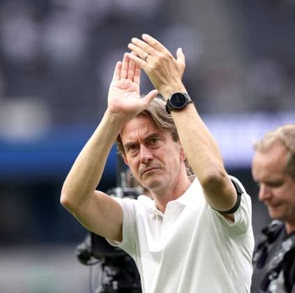 Thomas Frank (Spurs manager) applauds the fans after the 3-0 win at the Tottenham Hotspur v Burnley EPL match, at the Tottenham Hotspur Stadium, London, UK on 16th August, 2025. 