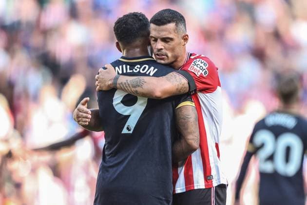 Premier League Sunderland v West Ham United Callum Wilson West Ham United embraces Granit Xhaka of Sunderland after the game during the Premier League match Sunderland vs West Ham United at Stadium Of Light, Sunderland, United Kingdom, 16th August 2025 (Photo by Alfie Cosgrove News Images) Sunderland Stadium Of Light Tyne and Wear United Kingdom Copyright: xAlfiexCosgrove NewsxImagesx