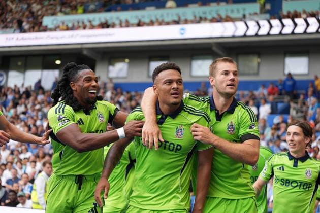 Brighton and Hove Albion v Fulham, Premier League, Football, Amex Stadium, Brighton, UK - 16 Aug 2025 Rodrigo Muniz (c) of Fulham celebrates scoring the equaliser. Brighton Amex Stadium Brighton GBR, UK NEWSPAPERS OUT Copyright: xSeanxRyanx