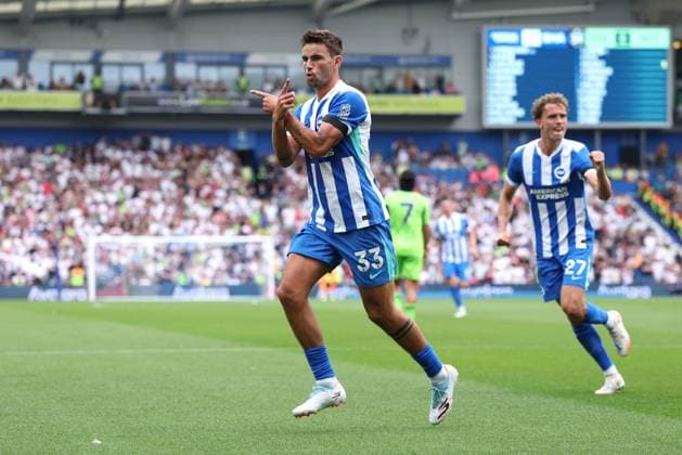Brighton v Fulham 16 August 2025, Brighton - Premier League Football - Brighton & Hove Albion v Fulham - Matt O™Riley of Brighton & Hove Albion celebrates scoring the opening goal from the penalty spot - Photo: Charlotte Wilson Offside. Brighton UK Copyright: xCharlottexWilsonx xOffsidexOffside
