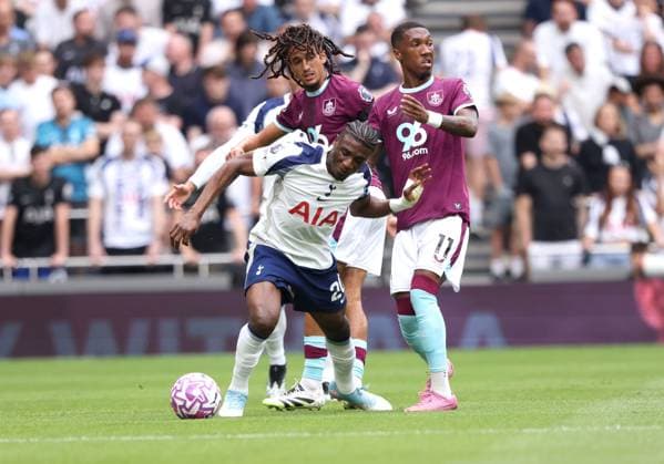 Mohammed Kudus (TH) Hannibal (B) Jaidon Anthony (B) at the Tottenham Hotspur v Burnley EPL match, at the Tottenham Hotspur Stadium, London, UK on 16th August, 2025. 