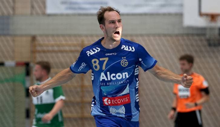16.08.2025, xfsx, Herren, Handball, Saison 2025 2026, DHB-Pokal, 1. Runde: Woelfe Wuerzburg - TV Grosswalstadt v.li.: Maxim Schalles (TV Grosswallstadt) jubelt, Einzelbild Rimpar Dreifachsporthalle Bayern Deutschland