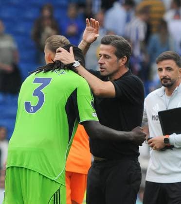 Football - 2025 2026 Premier League - Brighton & Hove Albion vs Fulham - Amex Stadium - Saturday 6th August 2025 Fulham Manager, Marco Silva congratulates Calvin Bassey after the match 