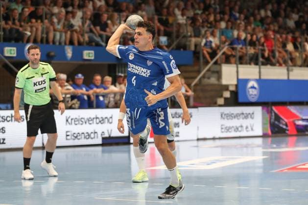 16.08.2025, xgox,Handball - Wartburg Cup Skanderborg Handbold - TBV Lemgo-Lippe emspor, v.l. Samuel Zehnder (Lemgo, 4) beim Siebenmeter Eisenach