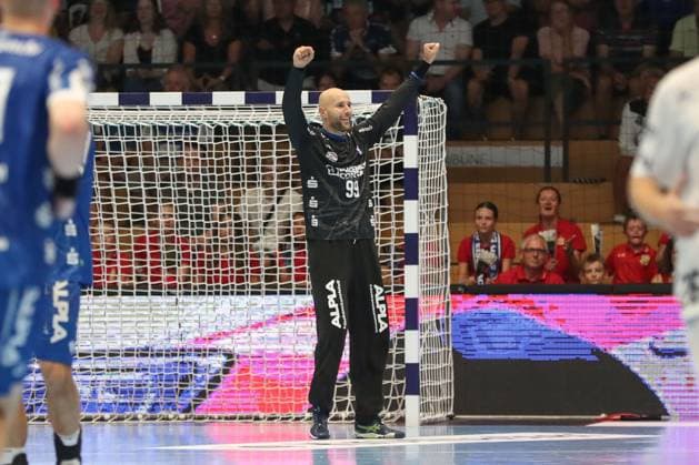 16.08.2025, xgox,Handball - Wartburg Cup Skanderborg Handbold - TBV Lemgo-Lippe emspor, v.l. Urh Kastelic (Lemgo, 99) Jubelt ueber gehaltenen Ball, abgewehrt, gehalten, Torhueter Eisenach
