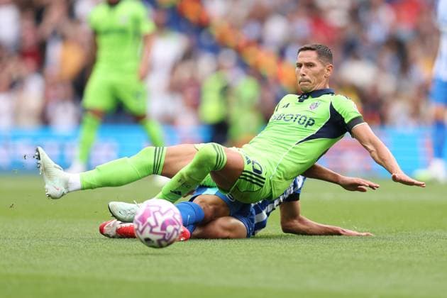 Brighton v Fulham 16 August 2025, Brighton - Premier League Football - Brighton & Hove Albion v Fulham - Sasa Lukic of Fulham goes down after being tackled - Photo: Charlotte Wilson Offside. Brighton UK Copyright: xCharlottexWilsonx xOffsidexOffside
