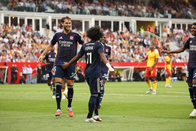 FOOTBALL : RC Lens vs Olympique Lyonnais - Ligue 1 J1 - 16 08 2025 But de l Olympique Lyonnais de Georges MIKAUTADZE (Olympique Lyonnais) et joie des joueurs lors du match RC Lens vs Olympique Lyonnais, Ligue 1 J1, stade Bollaert-Delelis, le 16 aoÃ»t 2025 - photo Laurent Sanson PsnewZ  Copyright: xLaurentxSANSONx xPsnewZx