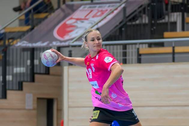 Lea Gruber (Halle, 19), SV Union Halle-Neustadt - HC Leipzig, Handball Frauen, Bundesliga, Halle (Saale) Cup, Finale, Saison 2025 26, 16.08.2025 Halle SWH Arena Sachsen-Anhalt Deutschland