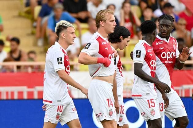 AS Monaco v Le Havre Athletic Club - Ligue 1 McDonald s 2025 2026 10 Aleksandr GOLOVIN (asm) - 14 Mika BIERETH (asm) - 18 Takumi MINAMINO (asm) - 13 Christian MAWISSA (asm) during the Ligue 1 McDonald s match between Monaco and Le Havre at Louis II Stadium on August 16, 2025 in Monaco, Monaco. Monaco Monaco  Copyright: xFEPx 776368565