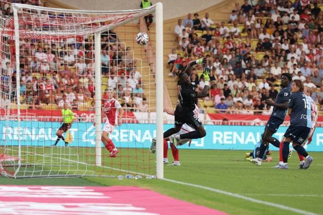 Monaco, Monaco, 16th August 2025.Aleksandr Golovin of AS Monaco™s cross deflects off Gautier Lloris of Havre AC to beat Mory Diaw of Havre AC and give the hosts a 1-0 lead during the AS Monaco vs Havre AC Ligue 1 match at Stade Louis II, Monaco. Picture credit should read: Jonathan Moscrop Sportimage EDITORIAL USE ONLY. No use with unauthorised audio, video, data, fixture lists, club league logos or live services. Online in-match use limited to 120 images, no video emulation. No use in betting, games or single club league player publications. SPI_008_JM_MONACO_HAVRE_L1 SPI-4062-0008