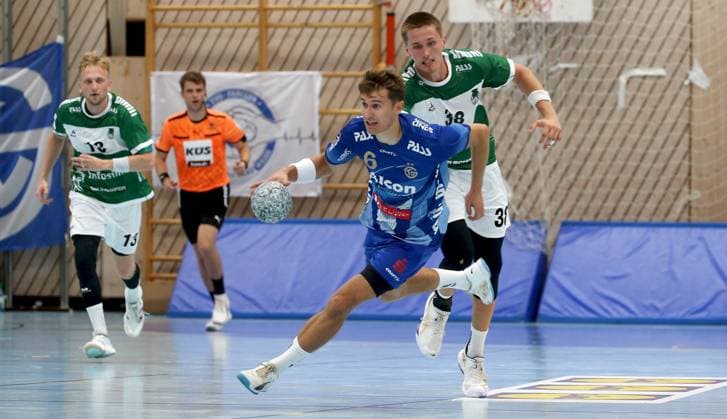 16.08.2025, xfsx, Herren, Handball, Saison 2025 2026, DHB-Pokal, 1. Runde: Woelfe Wuerzburg - TV Grosswalstadt v.li.: Joel Mauch (Woelfe Wuerzburg), Moritz Klenk (TV Grosswallstadt), Malte Dederding (Woelfe Wuerzburg) Rimpar Dreifachsporthalle Bayern Deutschland