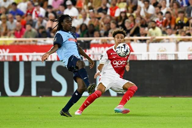 FOOTBALL : AS Monaco VS Le Havre AC - Ligue 1 Mcdonald s - 16 08 2025 Daren Mosengo (HAC) Eliesse Ben Seghir (ASM) - Ligue 1 Mcdonald s match between AS Monaco and Le Havre Athletic Club on 16th August 2025 at the Louis II Stadium in Monaco. MonacoMonaco  Copyright: xWilliamxCannarellax