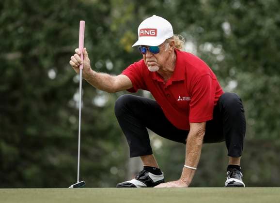 August 16, 2025, Calgary, Ab, CANADA: Spain s Miguel Angel Jimenez lines up a putt on the fourth hole during the PGA, Golf Herren Tour Champions golf event in Calgary, Alta., Saturday, Aug. 16, 2025. Miguel Angel Jimenez  - ZUMAc35_ 20250816_zaf_c35_118 Copyright: xJeffxMcintoshx
