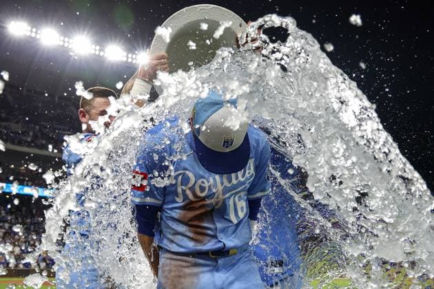 August 16, 2025: Kansas City Royals left fielder John Rave (16) is doused by center fielder Kyle Isbel (28) and catcher Salvador Perez (13) after their win over the Chicago White Sox at Kauffman Stadium in Kansas City, MO. CSM Kansas City United States of America - ZUMAc04_ 20250816_zma_c04_248 Copyright: xDavidxSmithx