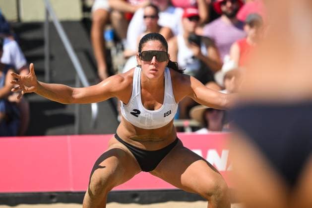 MONTREAL, QC - AUGUST 16: Lexy Denaburg (USA) waits for service during a round of 12 match at Beach Pro Tour Montreal Elite 16 on August 16, 2025 at Parc Jean-Drapeau in Montreal, QC (Photo by David Kirouac Icon Sportswire) VOLLEYBALL: AUG 16 Beach Pro Tour Montreal Elite 16 EDITORIAL USE ONLY Icon250816172