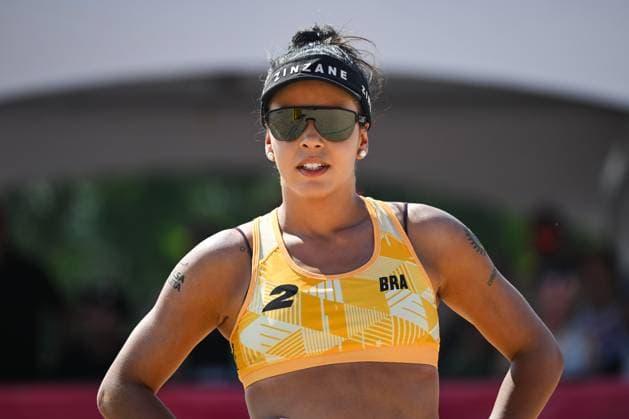 MONTREAL, QC - AUGUST 16: Look on Victoria Lopes Pereira Tosta (BRA) during a round of 12 match at Beach Pro Tour Montreal Elite 16 on August 16, 2025 at Parc Jean-Drapeau in Montreal, QC (Photo by David Kirouac Icon Sportswire) VOLLEYBALL: AUG 16 Beach Pro Tour Montreal Elite 16 EDITORIAL USE ONLY Icon250816154