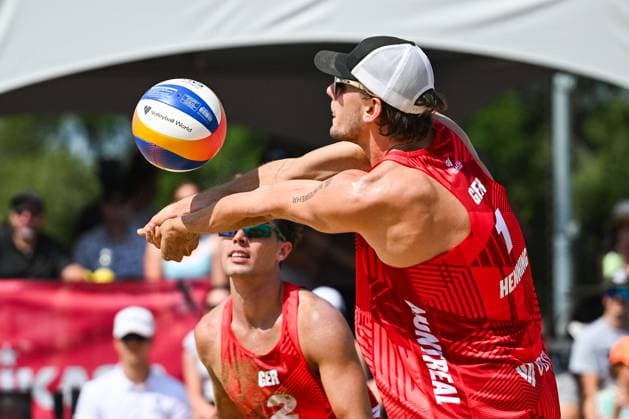 MONTREAL, QC - AUGUST 16: Paul Henning (GER) bumps the ball during a round of 12 match at Beach Pro Tour Montreal Elite 16 on August 16, 2025 at Parc Jean-Drapeau in Montreal, QC (Photo by David Kirouac Icon Sportswire) VOLLEYBALL: AUG 16 Beach Pro Tour Montreal Elite 16 EDITORIAL USE ONLY Icon250816047