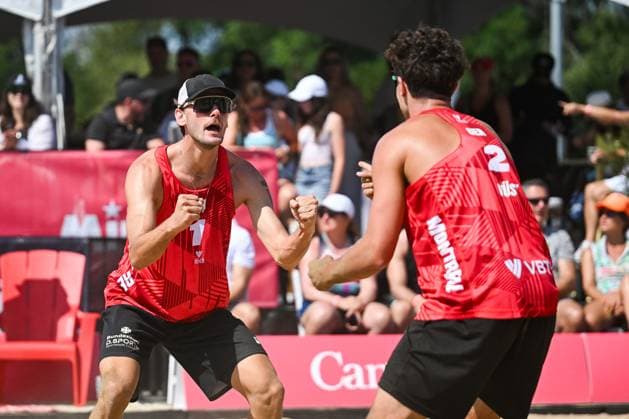 MONTREAL, QC - AUGUST 16: Paul Henning (GER) and Lui Wust (GER) react after scoring a point during a round of 12 match at Beach Pro Tour Montreal Elite 16 on August 16, 2025 at Parc Jean-Drapeau in Montreal, QC (Photo by David Kirouac Icon Sportswire) VOLLEYBALL: AUG 16 Beach Pro Tour Montreal Elite 16 EDITORIAL USE ONLY Icon250816038