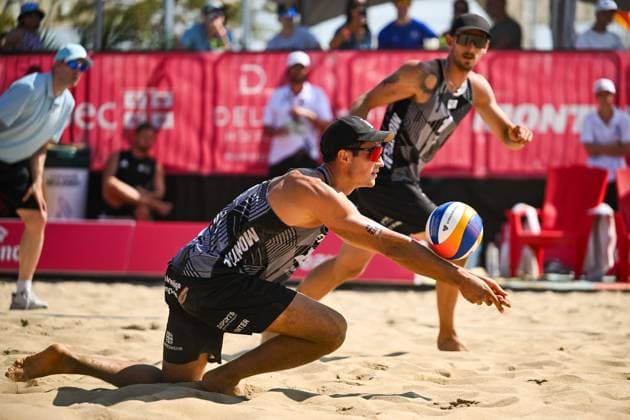 MONTREAL, QC - AUGUST 16: Sven Winter (GER) bumps the ball during a round of 12 match at Beach Pro Tour Montreal Elite 16 on August 16, 2025 at Parc Jean-Drapeau in Montreal, QC (Photo by David Kirouac Icon Sportswire) VOLLEYBALL: AUG 16 Beach Pro Tour Montreal Elite 16 EDITORIAL USE ONLY Icon250816015