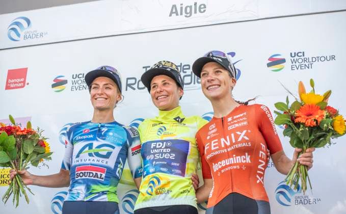 August 17, 2025, Aigle, Vaud, Switzerland: Aigle Switzerland, 08 17 2025: The podium of the 4th edition of the Tour de Romandie (URSKA ZIGERT of AG INSURANCE - SOUDAL TEAM (L), ELISE CHABBEY of Team FDJ - SUEZ (M) Team FDJ - SUEZ and YARA KASTLEIJN of Team FENIX-DECEUNINCK (R) ) during Tour de Romandie women 2025. Tour de Romandie women 2025. The 3rd stage of the Tour de Romandie and who also the last stage, which is a loop race of Aigle to Aigle and is part of the UCI Wonen s World Tour. Aigle Switzerland - ZUMAd206 20250817_zip_d206_006 Copyright: xEricxDubostx
