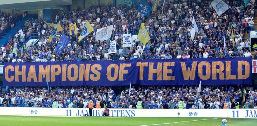 Chelsea v Crystal Palace - Premier League Chelsea Fans with Champions of the world banner during the Premier League match between Chelsea and Crystal Palace at Stamford Bridge on August 17, 2025 in London, England. London Stamford Bridge England United Kingdom Copyright: xNigelxFrench Sportsphoto APLx 14132978