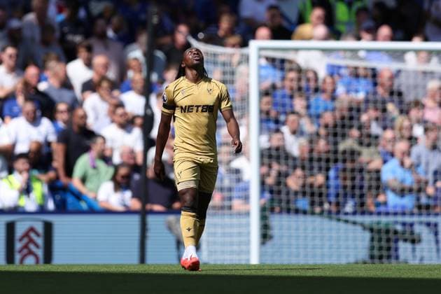 London, England, 17th August 2025. Eberechi Eze of Crystal Palace reacts after scores from a free kick but this is disallowed after a VAR check for a foul bt Marc Guehi of Crystal Palace during the Chelsea vs Crystal Palace Premier League match at Stamford Bridge, London. Picture credit should read: Paul Terry Sportimage EDITORIAL USE ONLY. No use with unauthorised audio, video, data, fixture lists, club league logos or live services. Online in-match use limited to 120 images, no video emulation. No use in betting, games or single club league player publications. SPI_025_PT_Chelsea_Crystal_Palace SPI-4073-0026