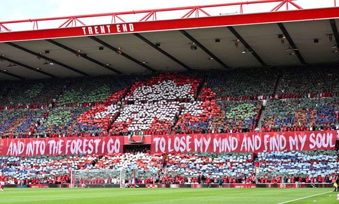 17th August 2025; The City Ground, Nottingham, England; Premier League Football, PL, Nottingham Forest versus Brentford; Fans raise banners in the Trent End stand before kick-off  GodfreyxPitt