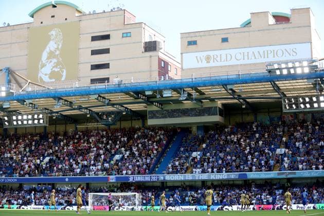 Chelsea v Crystal Palace - Premier League Stamford Bridge stadium with World Champions sign above the stad during the Premier League match between Chelsea and Crystal Palace at Stamford Bridge on August 17, 2025 in London, England. London Stamford Bridge England United Kingdom Copyright: xNigelxFrench Sportsphoto APLx 14132994