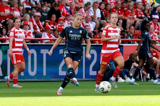 DEU, 2.BL, Frauen, 1.FC Union vs. Real Madrid, 17.08.2025, Stadion Alte Foersterei, Berlin, DEU, 2.BL, Frauen, 1.FC Union vs. Real Madrid, im Bild: Lisa Heiseler (1.FC Union Berlin 7), Angeldahl (Real Madrid 16) DFL - regulations prohibit any use of Photographs as image sequences and or quasi-video